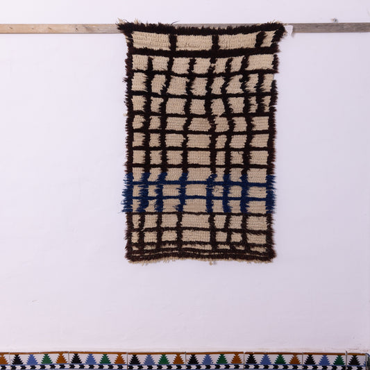 Vintage Azilal Rug – Black & Blue Checkered Moroccan Wool Rug - Handwoven Berber Minimalist Carpet - 100% Wool Textile