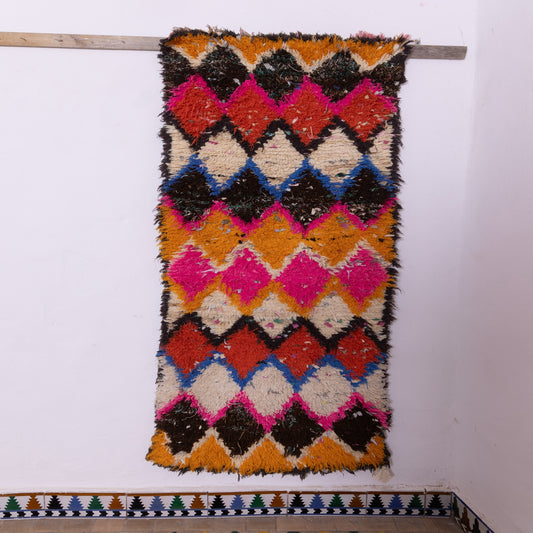 Bold Vintage Azilal Rug - Colorful Diamond Patterned Moroccan Wool Carpet - Boho Wall Art or Floor Accent