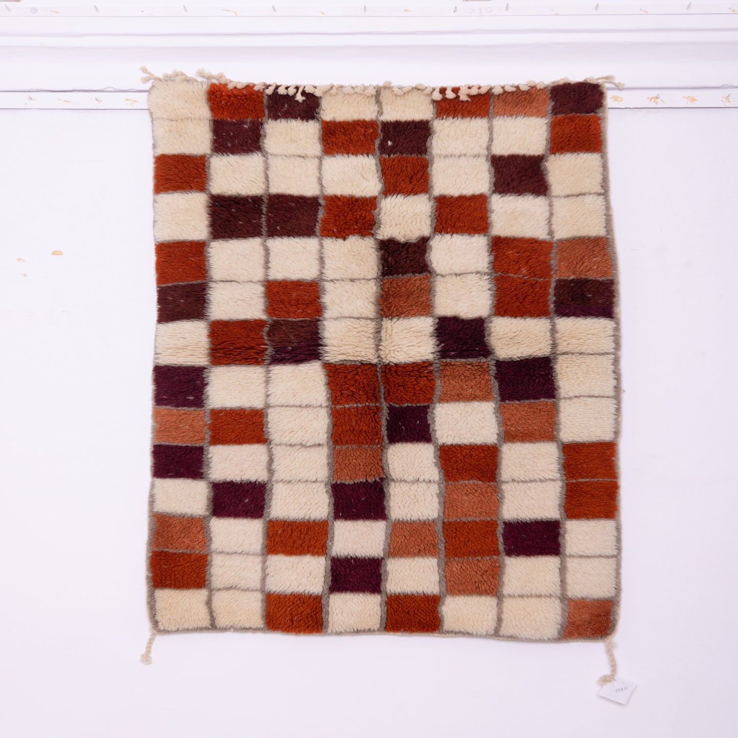 Minimalist Moroccan Wool Rug – Handwoven Berber Beni Ourain Style – Cream with Geometric Brown Lines – Boho Chic Decor