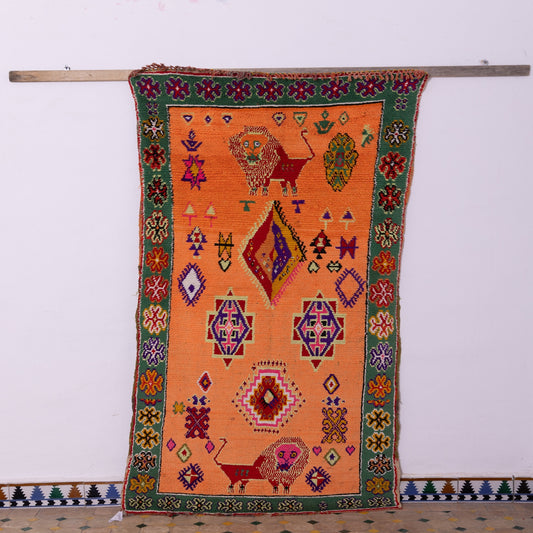 Vintage Boujad Rug – Handmade Moroccan Wool Carpet with Lion Motifs, Orange & Green Tribal Berber Rug, Statement Bohemian Decor