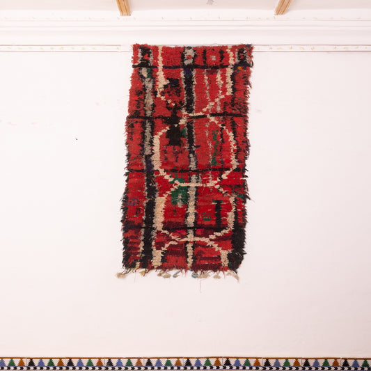 Vintage Boucherouite Moroccan Runner Rug - Red Wool Corridor Carpet with Tribal Grid Motif - Rustic Handwoven Hallway Rug - Boho Decor