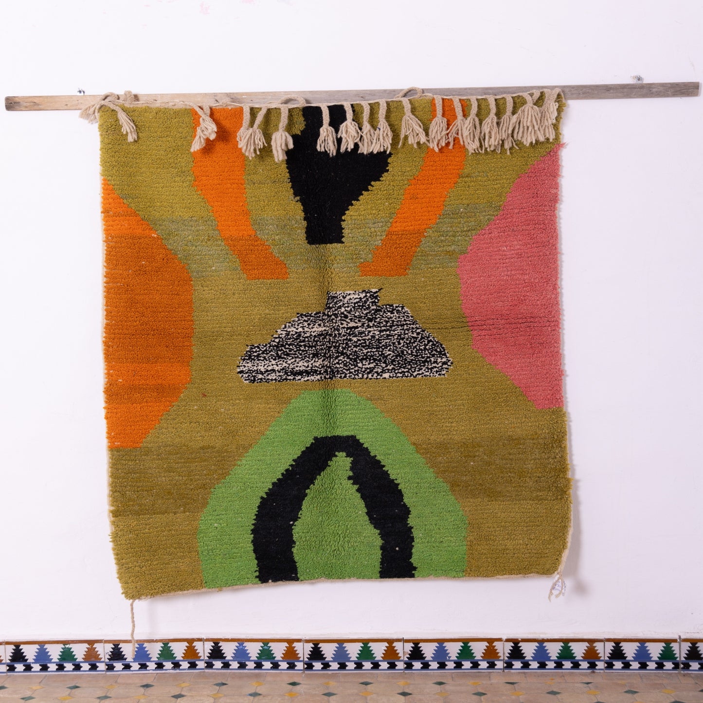 Sacred Portal Boujad Rug – New Moroccan Wool Rug – Green, Orange & Black Organic Abstract – Bold Handwoven Berber Wall Art or Accent Rug