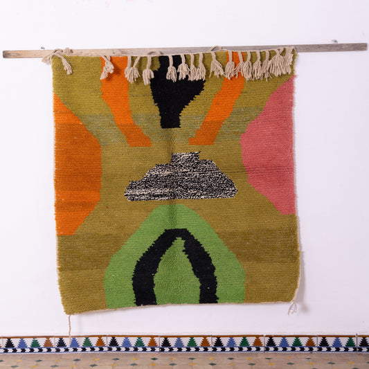 Sacred Portal Boujad Rug – New Moroccan Wool Rug – Green, Orange & Black Organic Abstract – Bold Handwoven Berber Wall Art or Accent Rug