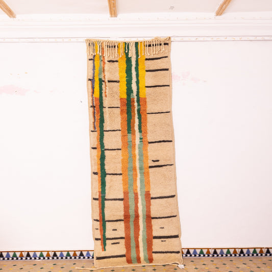 Vintage Moroccan Corridor Runner Rug - Handwoven Wool Carpet - Bold Striped Geometric Design - Yellow, Green & Orange
