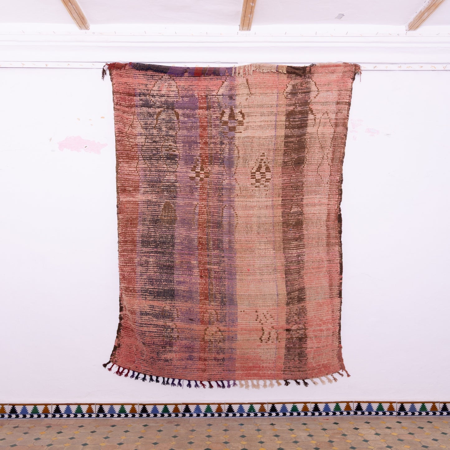 Vintage Moroccan Berber Rug – Handwoven Wool Striped Carpet with Tribal Accents