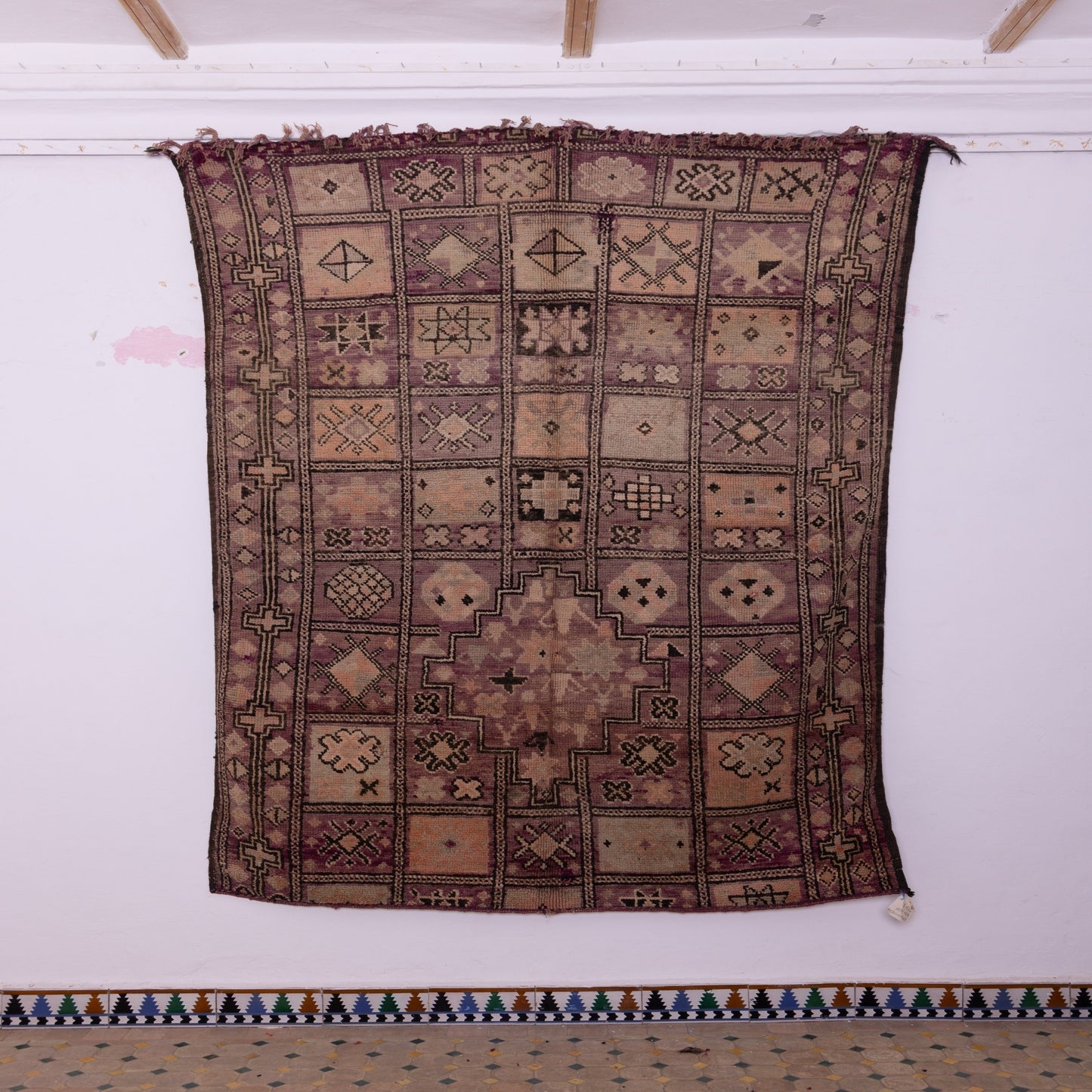 Vintage Moroccan Berber Rug – Handwoven Wool with Intricate Tribal Symbols – Unique Checkerboard Design in Earthy Tones