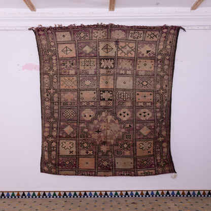 Vintage Moroccan Berber Rug – Handwoven Wool with Intricate Tribal Symbols – Unique Checkerboard Design in Earthy Tones