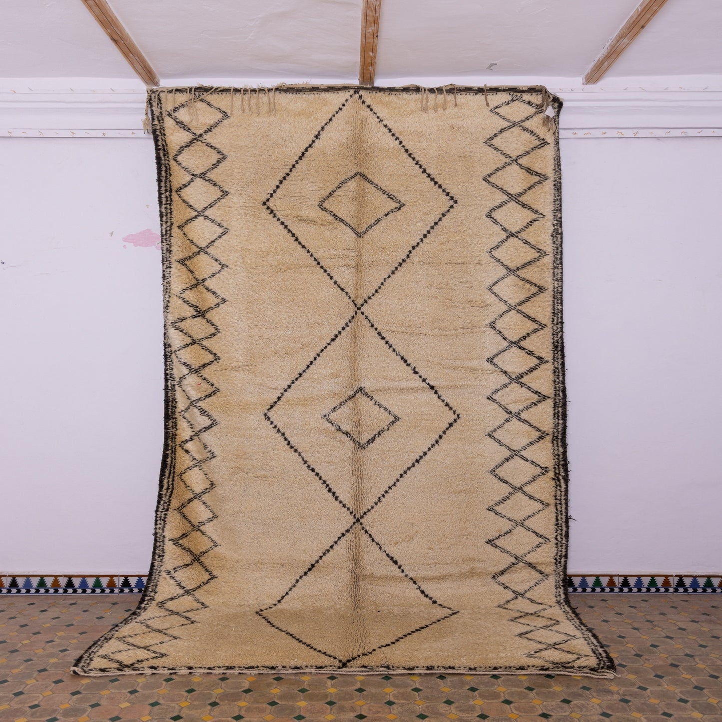 Handmade Beni Ourain Rug – Authentic Moroccan Wool Carpet – Geometric Berber Rug – Minimalist Boho Area Rug – Soft & Plush Wool Rug ; 13,45 ft / 6,73 ft