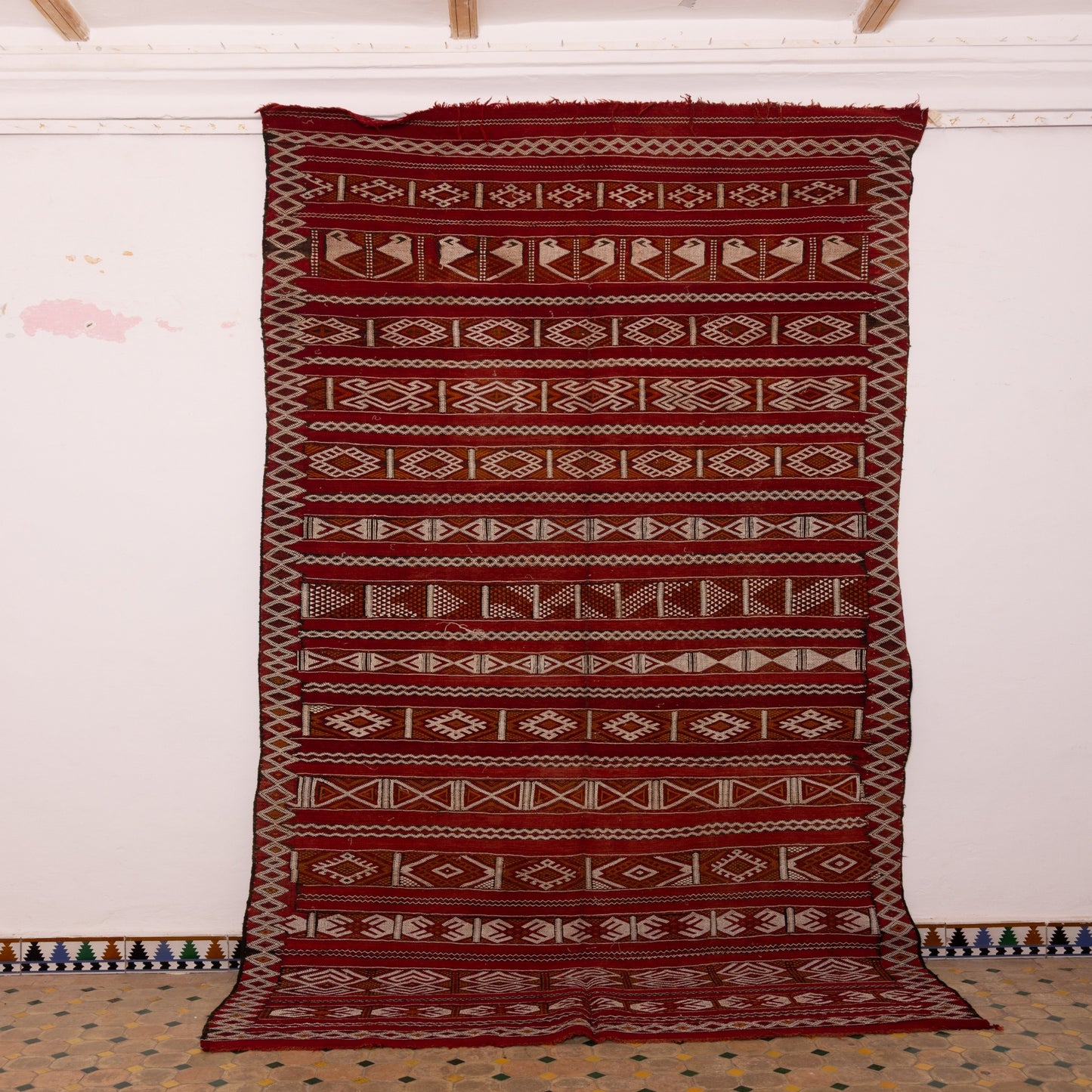 Vintage Moroccan Zemmour Rug | Handwoven Berber Kilim | Tribal Red Wool Carpet ; 11,98 ft / 5,91 ft