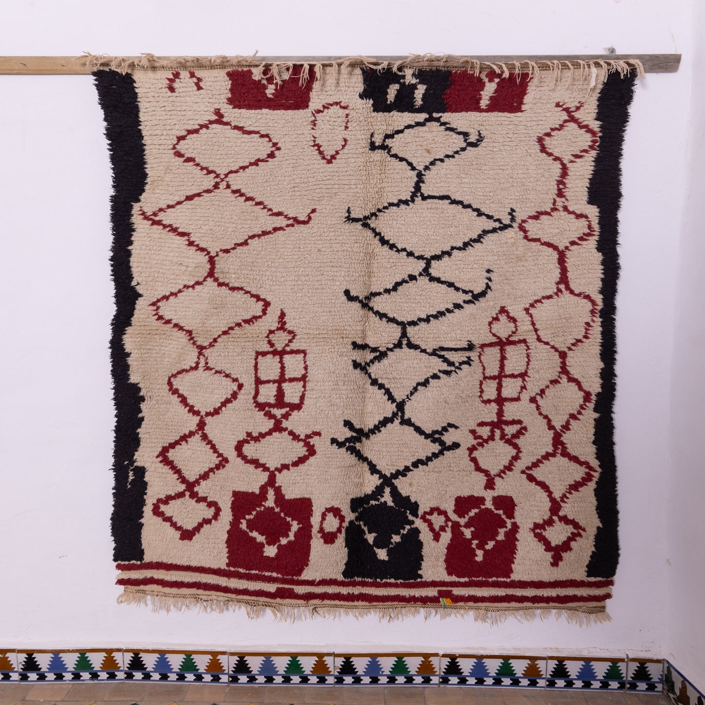 Vintage Azilal Rug - Moroccan Tribal Wool Rug in Red & Black - Handwoven Boho Carpet
