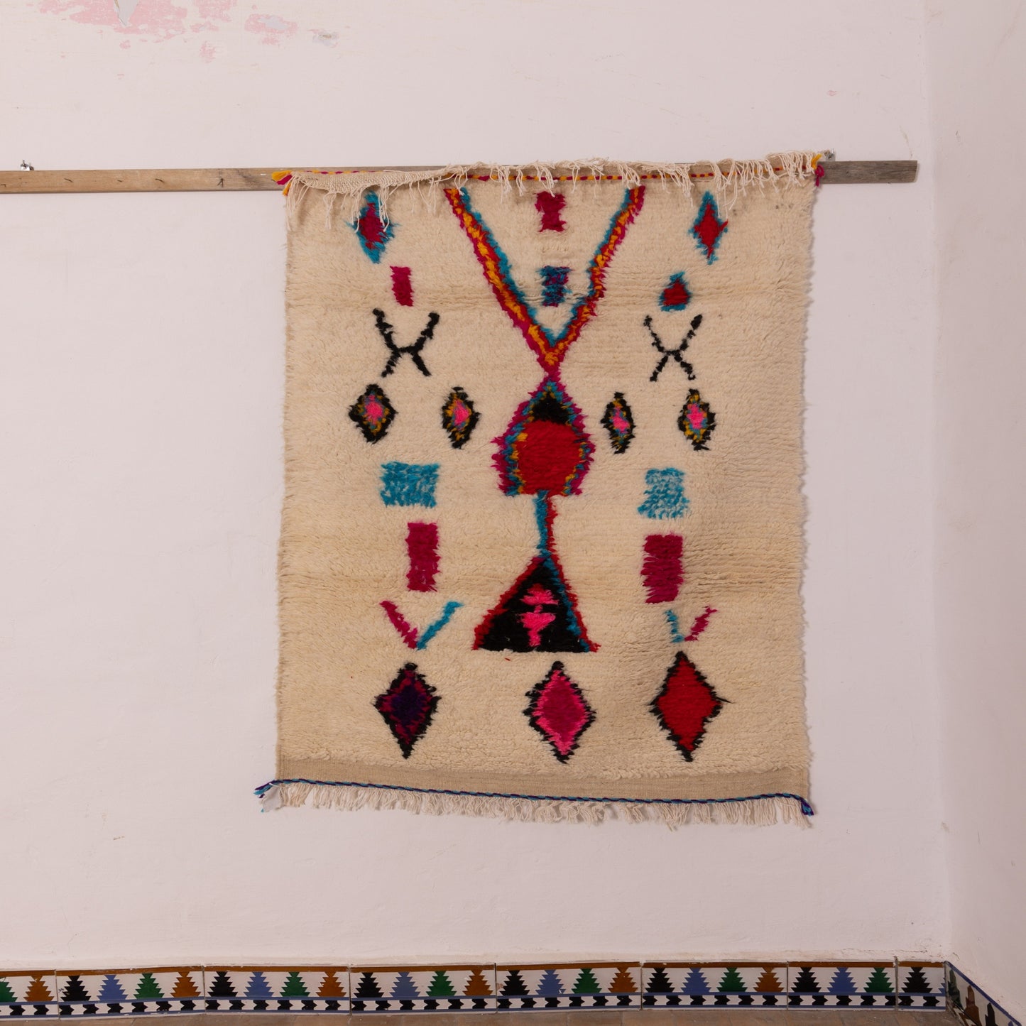 Colorful Azilal Rug - Moroccan Handmade Wool & Cotton Carpet - Boho Tribal Wall Hanging or Small Area Rug
