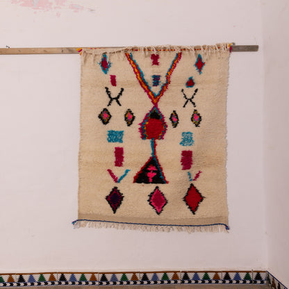 Colorful Azilal Rug - Moroccan Handmade Wool & Cotton Carpet - Boho Tribal Wall Hanging or Small Area Rug