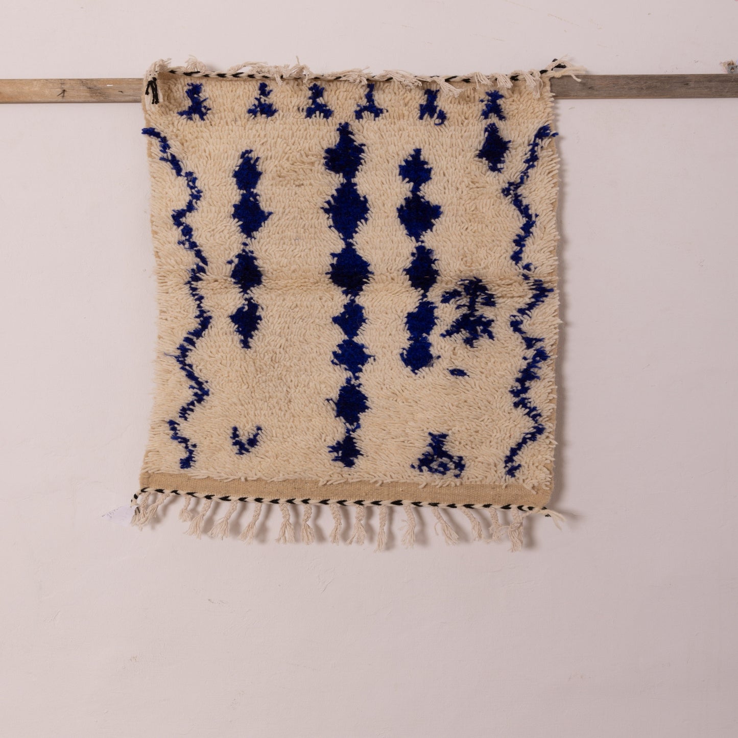 New Handmade Azilal Wool Rug - Abstract Blue Design on Cream - Moroccan Floor or Wall Decor