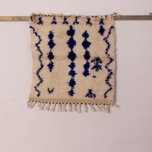 New Handmade Azilal Wool Rug - Abstract Blue Design on Cream - Moroccan Floor or Wall Decor