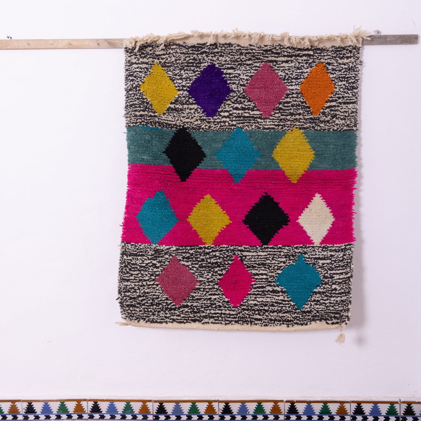 Diamond Motif Boujad Rug – New Moroccan Wool Rug – Fuchsia, Teal & Black Pattern – Berber Handmade Wall Hanging or Small Accent Rug