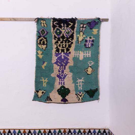Vintage Azilal Moroccan Rug - Small Tribal Wall Hanging - Handwoven Bohemian Wool Textile in Green & Purple