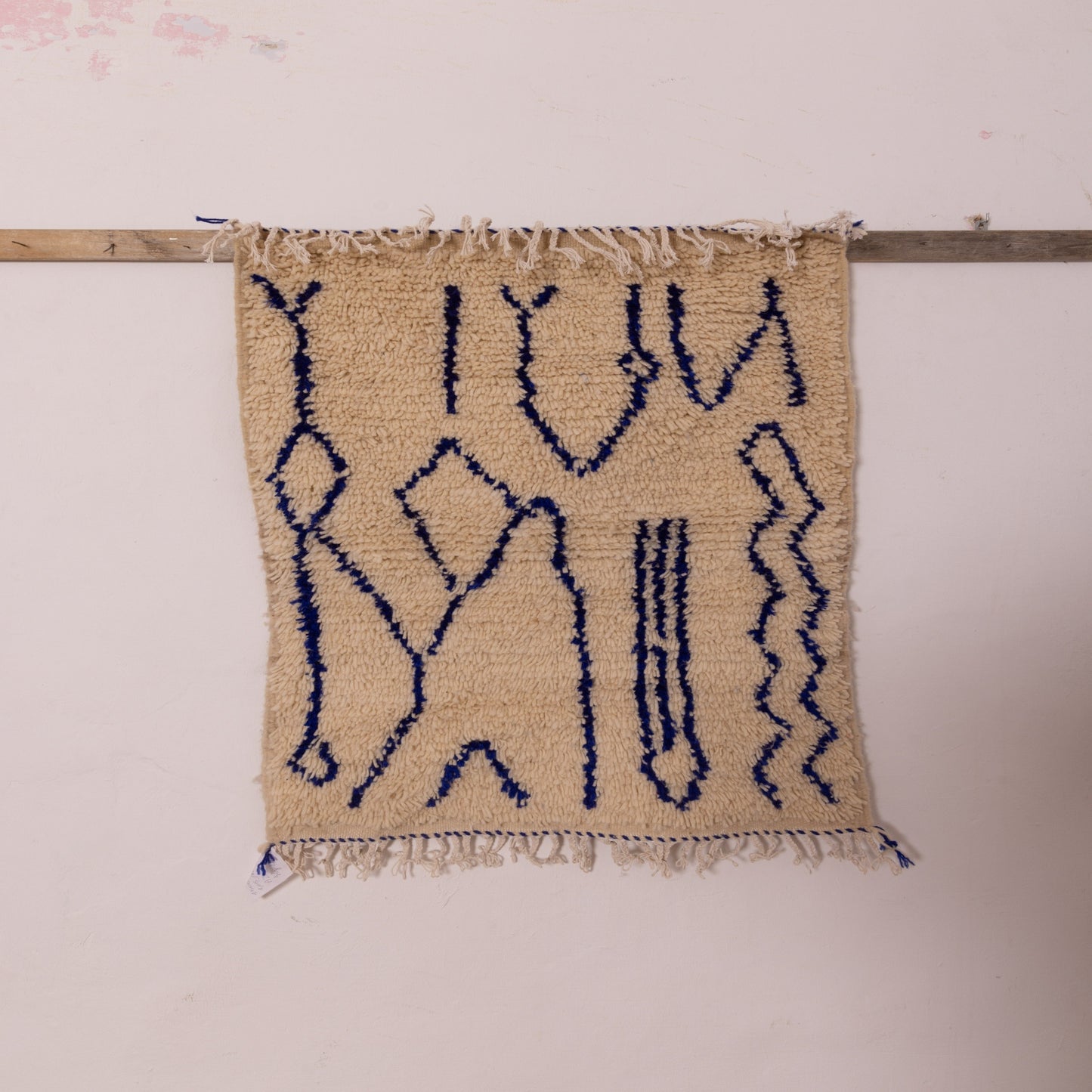 New Handmade Azilal Wool Rug - Blue Abstract Tribal Designs on Cream - Boho Moroccan Floor or Wall Decor
