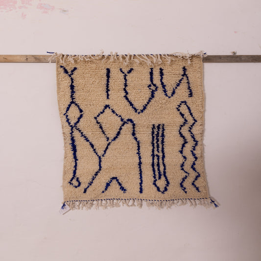 New Handmade Azilal Wool Rug - Blue Abstract Tribal Designs on Cream - Boho Moroccan Floor or Wall Decor