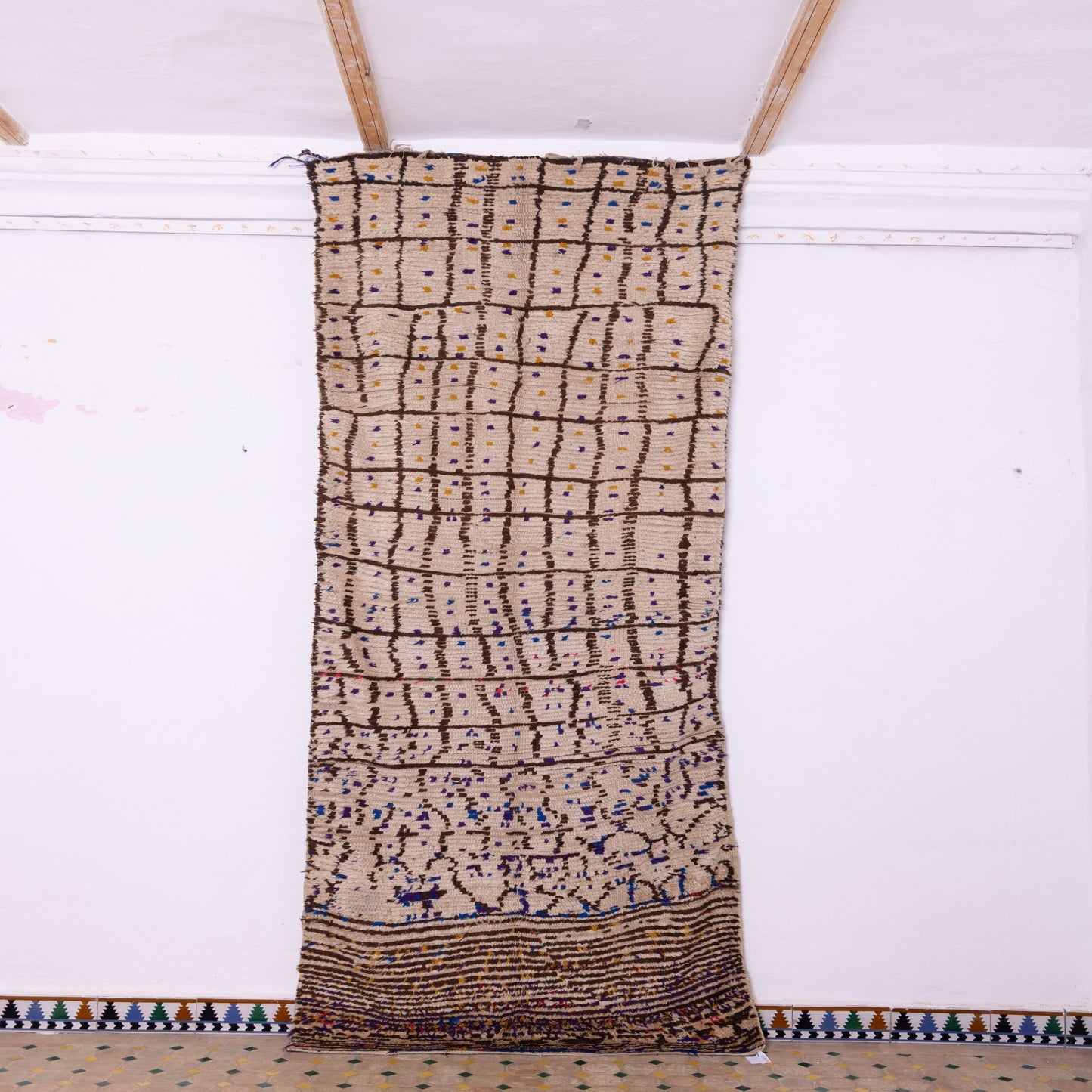 Vintage Moroccan Azilal Rug - Abstract Linear Pattern with Tribal Accents - 100% Wool Handwoven Art