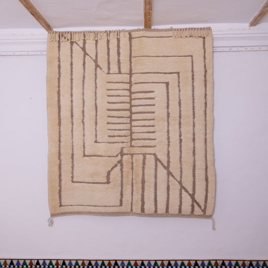 Handwoven Moroccan Wool Rug – Modern Geometric Line Pattern on Cream Background