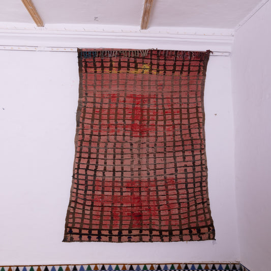 Vintage Bjaad Moroccan Rug - Handwoven Berber Wool Rug - Traditional Red & Black Geometric Carpet - Authentic Moroccan Floor Decor