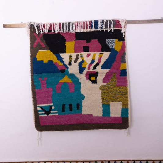 Figurative Boujad Rug – New Moroccan Wool Rug – Abstract Berber Art with Aqua, Magenta & Yellow – Handwoven Statement Wall Hanging