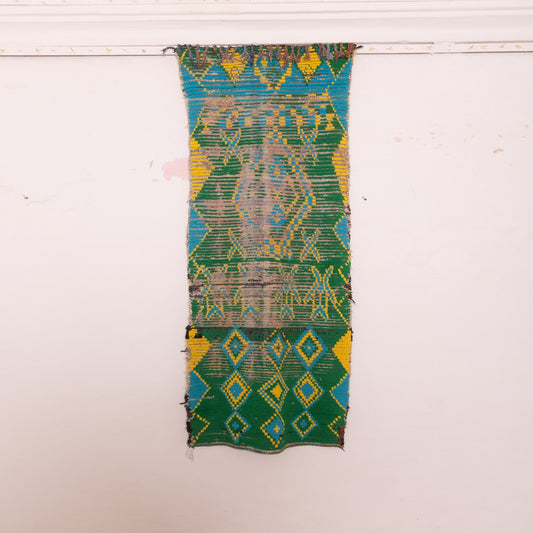 Vintage Moroccan Corridor Runner - Handwoven Tribal Green Rug with Diamond & Stripe Motifs