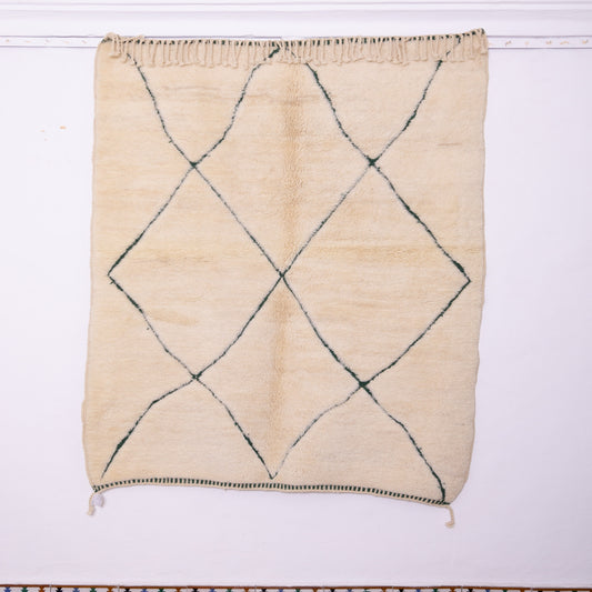 Handwoven Moroccan Beni Ourain Wool Rug – Cream with Geometric Green Diamond Pattern