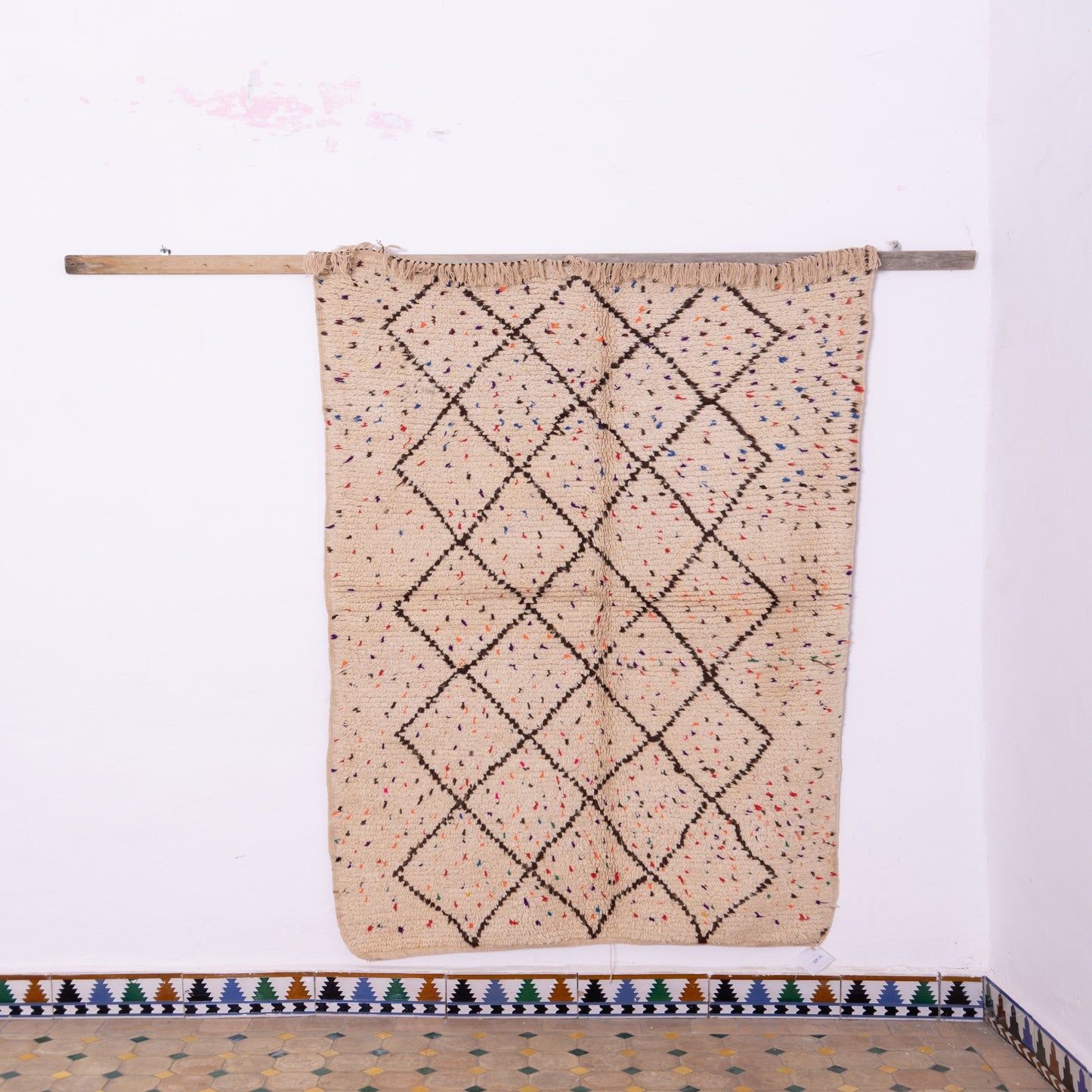 Vintage Azilal Rug with Diamond Lattice & Confetti Accents - Handwoven Wool Moroccan Carpet - Minimal Boho Style