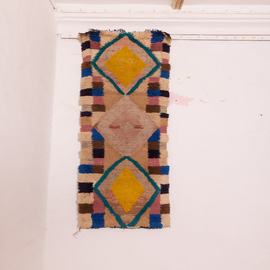Vintage Moroccan Corridor Rug - Handwoven Wool Runner with Mustard Yellow Diamond Motifs - Tribal Geometric Hallway Carpet