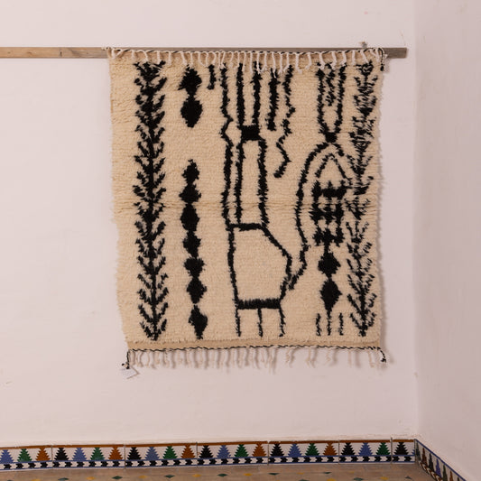 New Azilal Wool and Cotton Rug - Abstract Black Berber Symbols on Cream - Handmade Moroccan Modern Tribal Decor