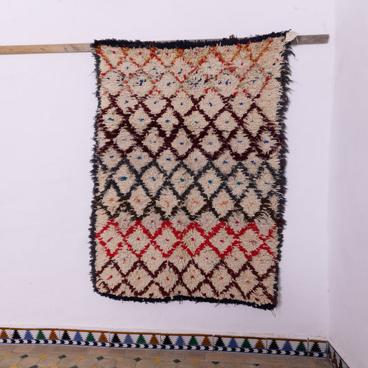 Vintage Moroccan Azilal Rug  - Diamond Pattern Wool Runner - Handwoven Berber Carpet with Colorful Accents