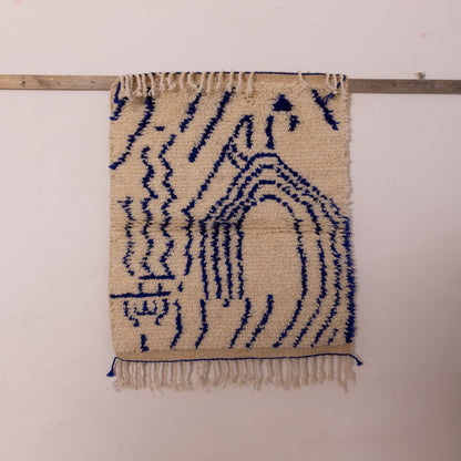 Handwoven Moroccan Wool Rug - Bold Blue Tribal Patterns on Cream - Unique Bohemian Wall Decor