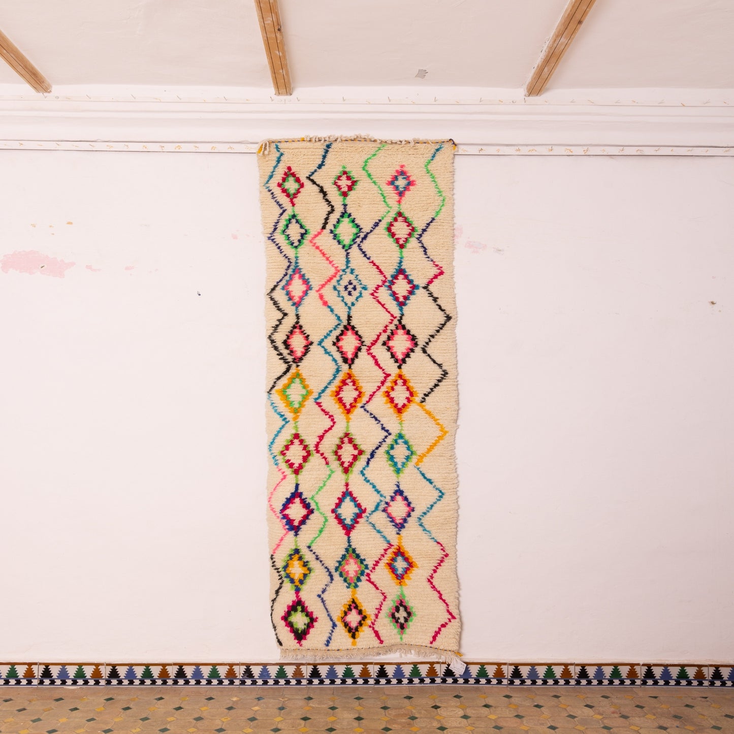 Moroccan Wool Runner Rug - Geometric Diamond Pattern - Handwoven - Colorful Pink, Green, and Yellow