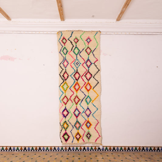 Moroccan Wool Runner Rug - Geometric Diamond Pattern - Handwoven - Colorful Pink, Green, and Yellow