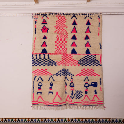 Modern Azilal Rug - Neon Pink & Indigo Tribal Pattern - Moroccan Handwoven Carpet - 80% Wool 20% Cotton - Boho Wall Hanging or Floor Art
