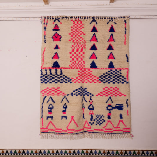 Modern Azilal Rug - Neon Pink & Indigo Tribal Pattern - Moroccan Handwoven Carpet - 80% Wool 20% Cotton - Boho Wall Hanging or Floor Art