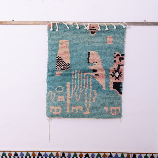 Handmade Boujad Moroccan Rug – Small Abstract Berber Art – Wool Wall Hanging – Pink & Teal Minimalist Tribal Design – Boho Home Decor
