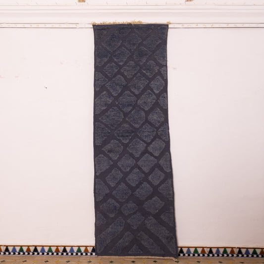 Moroccan Corridor Rug - Handwoven Runner - Dark Blue & Charcoal - Modern Berber Motif