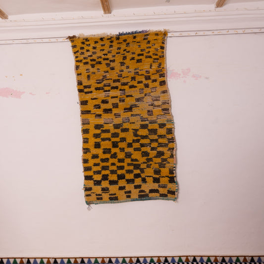 Vintage Moroccan Corridor Runner Rug - Handwoven Wool Carpet - Yellow & Brown Geometric Design