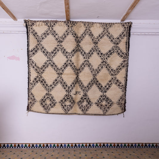 Vintage Moroccan Beni Ourain Rug – Handwoven Wool Berber Carpet – Bold Diamond Lattice – Bohemian & Minimalist Home Decor