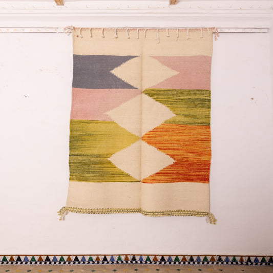 Colorful Akhnif Rug – Handwoven Moroccan Wool Flatweave with Geometric Zigzag Motif – Modern Tribal Tapestry in Orange, Green, Blush & Blue