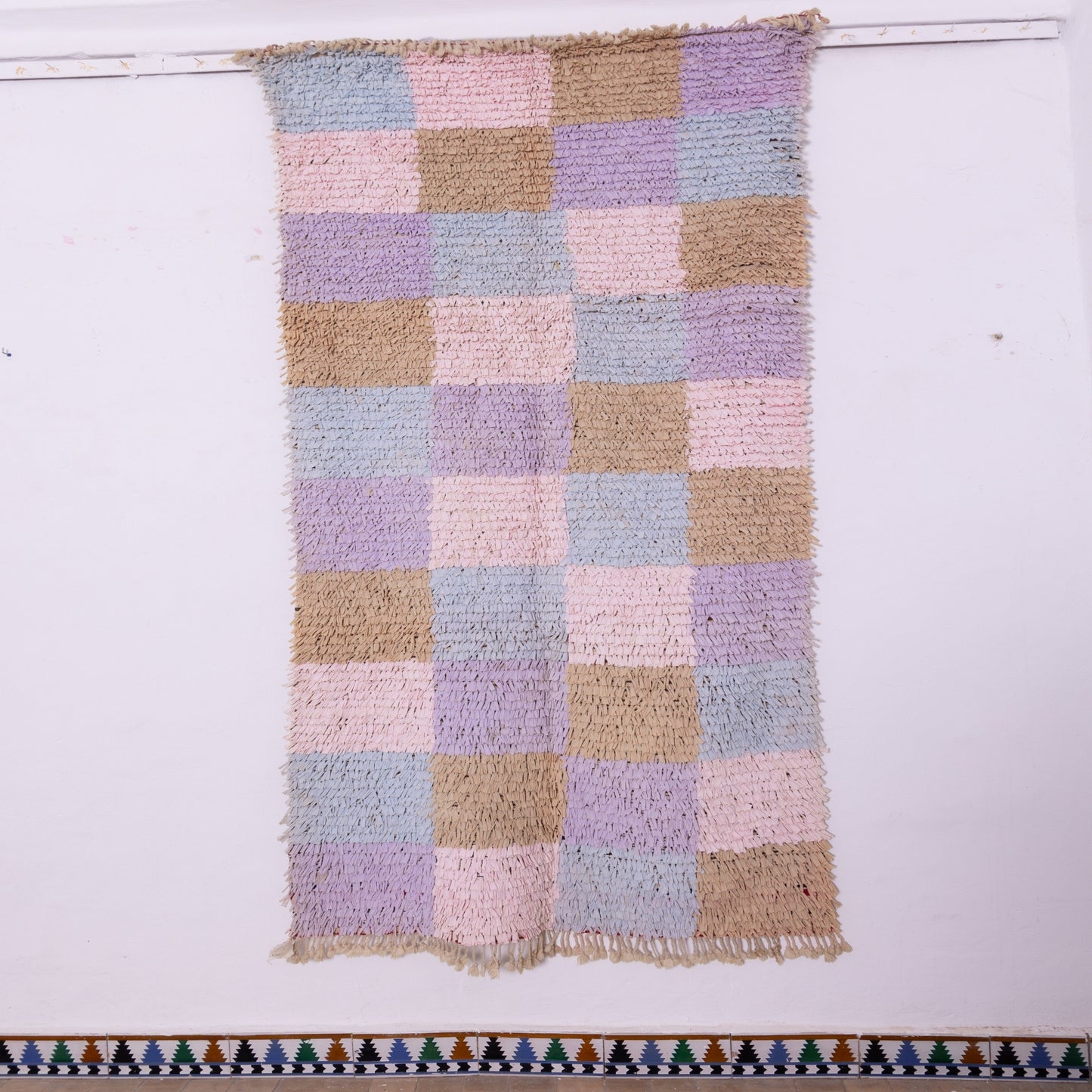 Vintage Moroccan Boucherouite Rug – Soft Pastel Checkerboard Berber Carpet – Handmade Shaggy Boho Rug