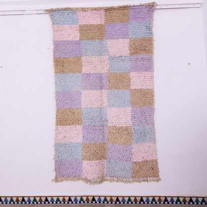Vintage Moroccan Boucherouite Rug – Soft Pastel Checkerboard Berber Carpet – Handmade Shaggy Boho Rug