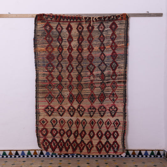 Vintage Boujad Rug – Handmade Moroccan Wool Carpet, Red & Black Diamond Pattern, Bohemian & Tribal Home Decor