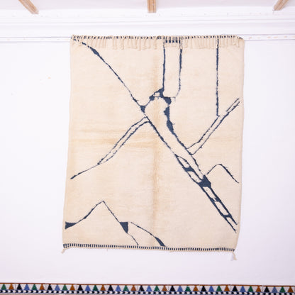 Handwoven Moroccan Wool Rug – Abstract Blue Line Art on Cream Background