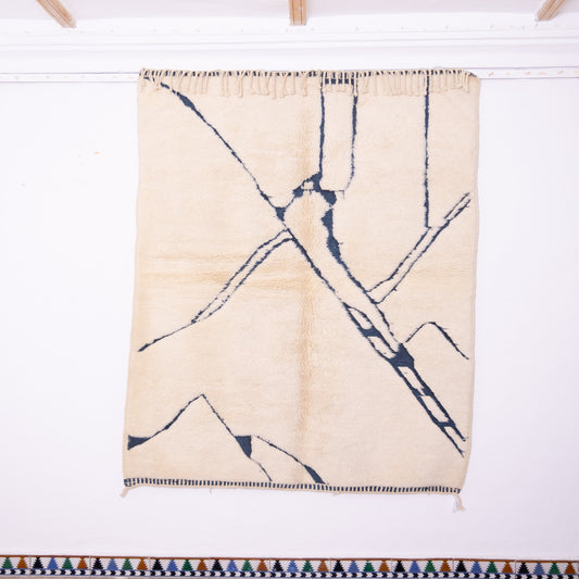 Handwoven Moroccan Wool Rug – Abstract Blue Line Art on Cream Background