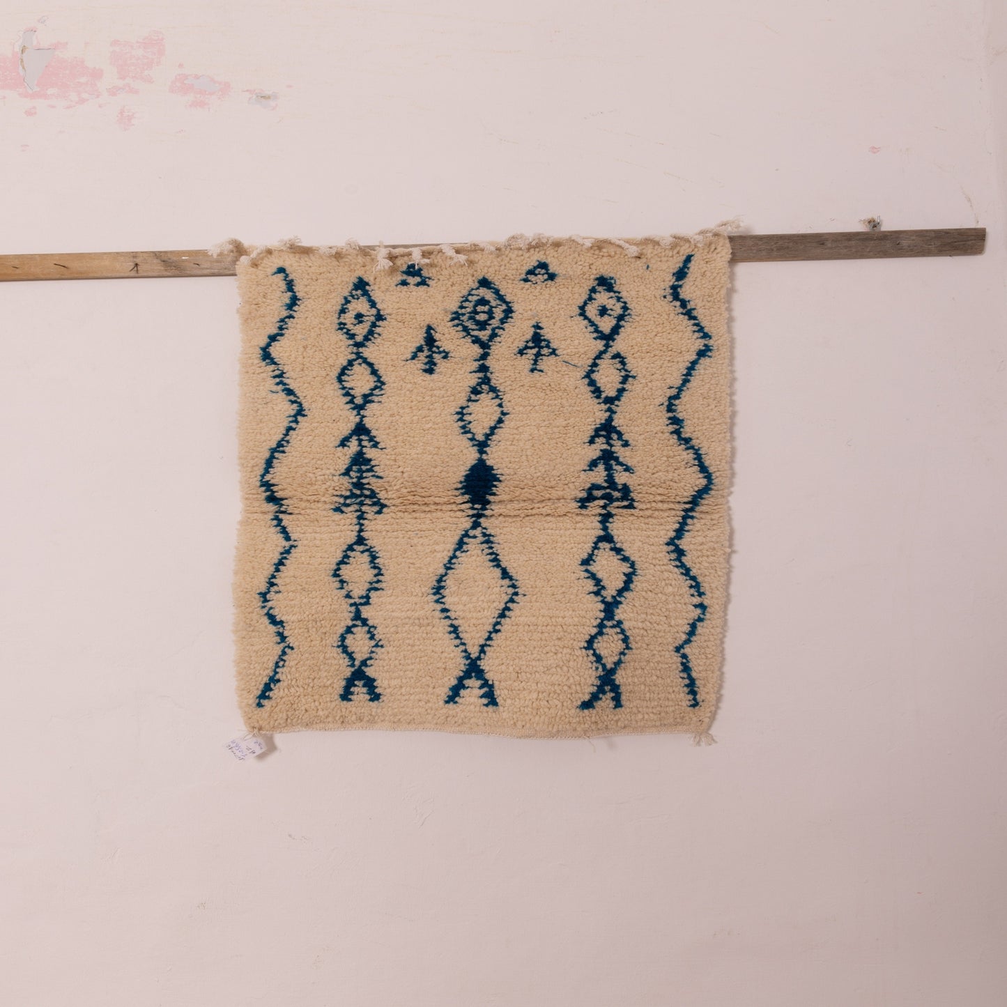 New Handmade Azilal Wool Rug - Blue Diamond Pattern on Cream - Modern Moroccan Tribal Decor