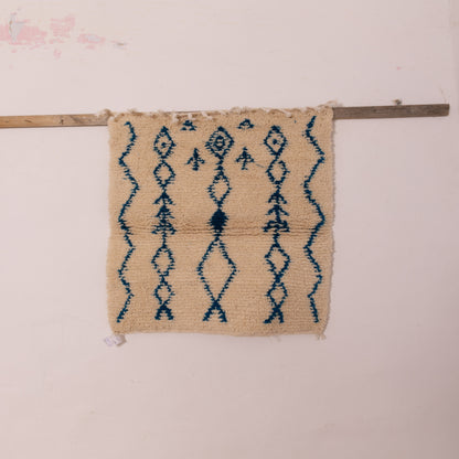 New Handmade Azilal Wool Rug - Blue Diamond Pattern on Cream - Modern Moroccan Tribal Decor