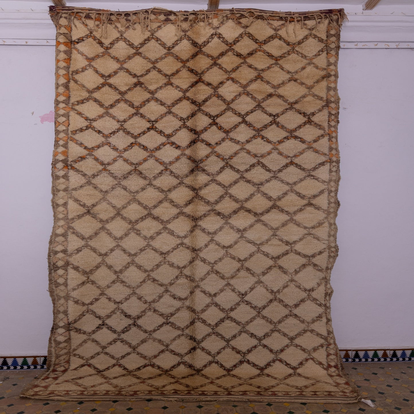 Vintage Moroccan Beni Ourain Rug | Handwoven Berber Wool Carpet | Timeless Tribal Elegance ; 12,14 ft / 6,56 ft